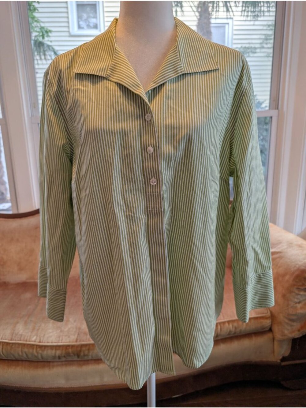 Chico's a Green White Striped Long-sleeve Blouse Size 3 (XL) Casual Comfort